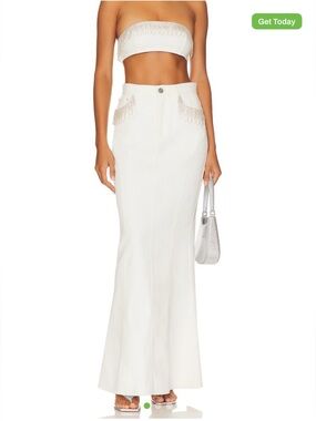 Women's White Maxi Skirt with Fringe Pocket Trim